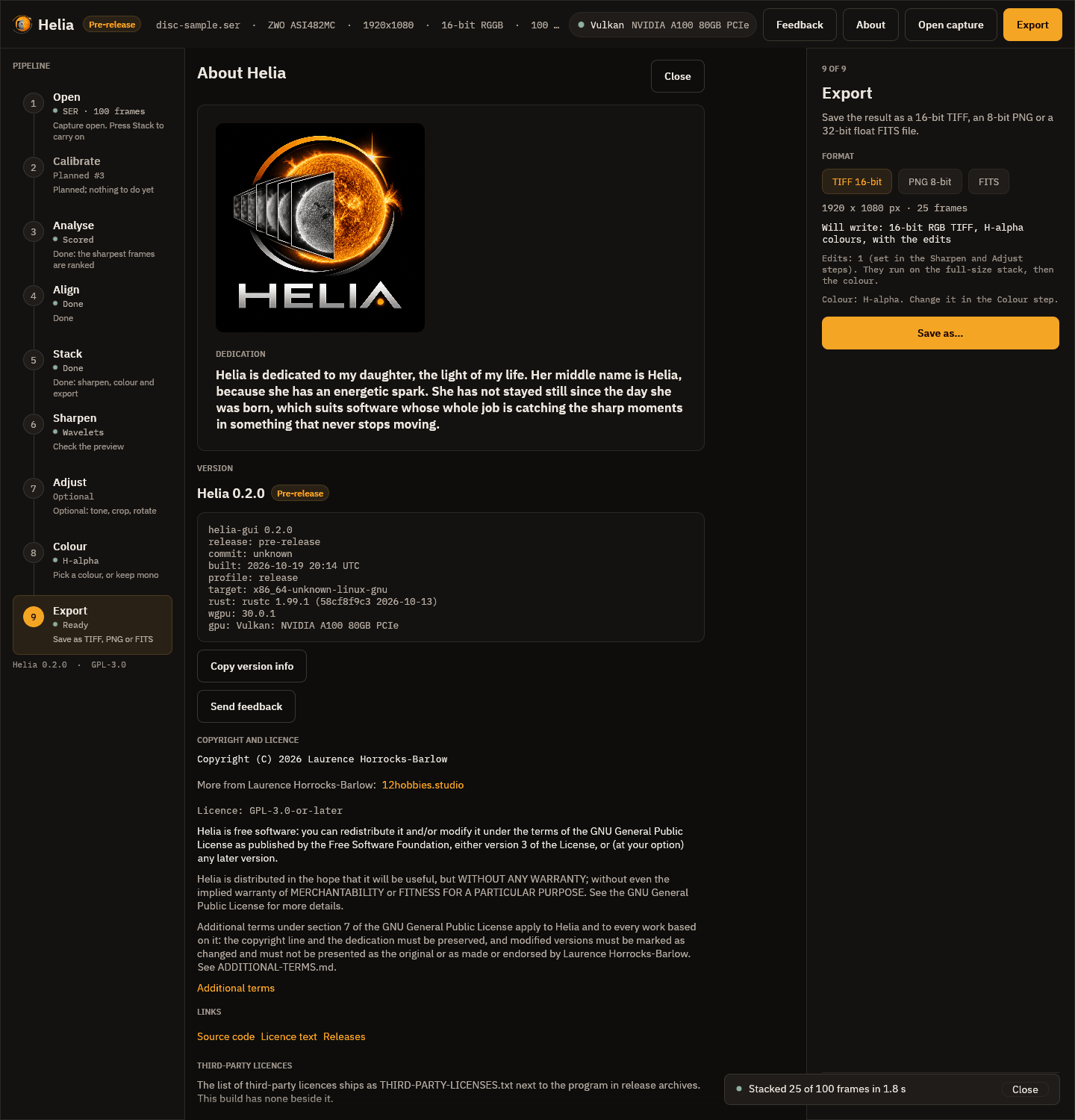 The About page: the logo, the dedication, the version block and the licence