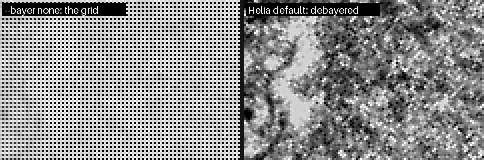 A patch of a stack read as mono, showing a grid of dark dots, beside the same patch debayered