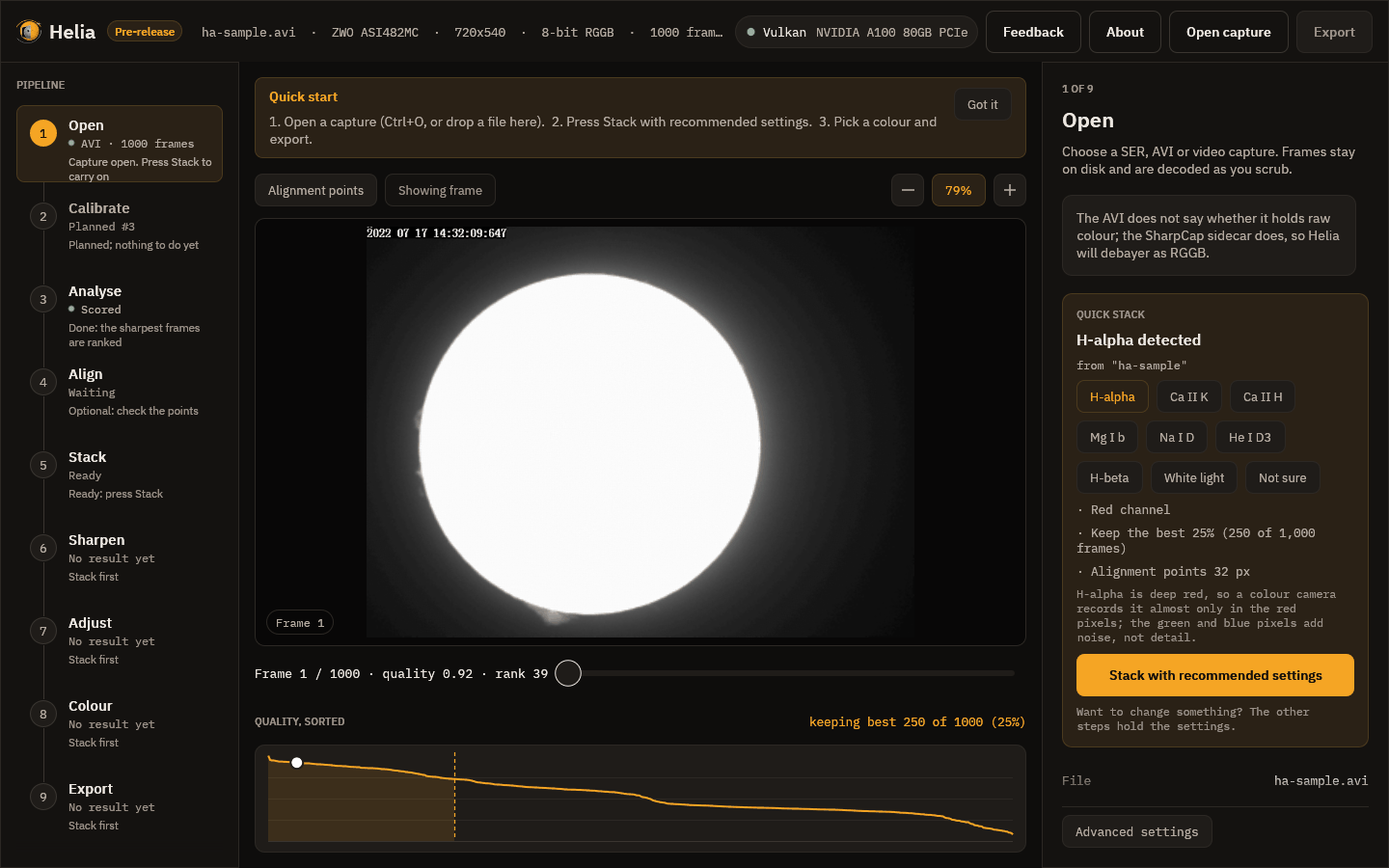 The Open step for an AVI called ha-sample: "H-alpha detected from ha-sample", with the colour channel, frame share and alignment point size it recommends
