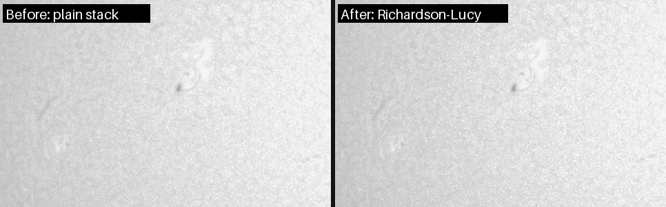 A crop of the stack: before on the left, after twelve iterations of deconvolution on the right
