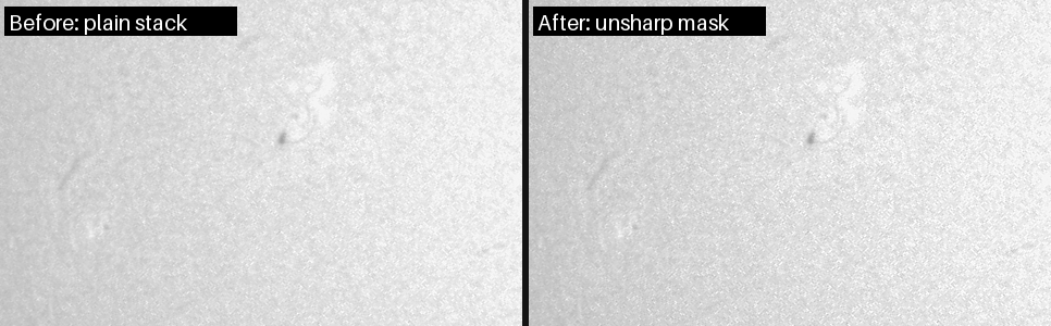 A crop of the stack: before on the left, after the unsharp mask on the right