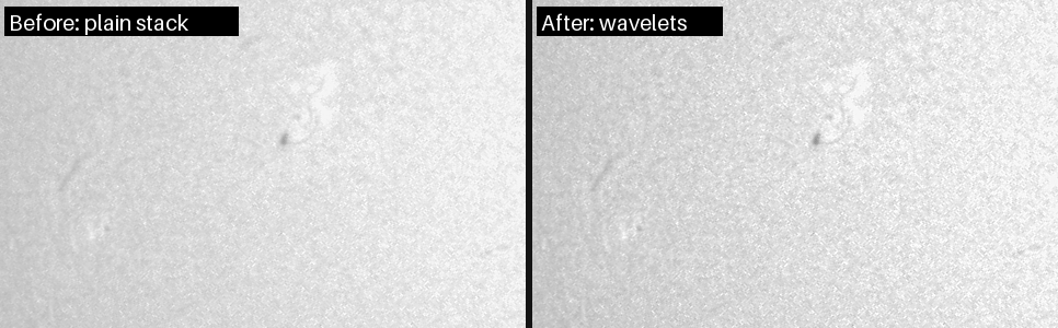 A crop of the stack: before sharpening on the left, after the recommended wavelets on the right
