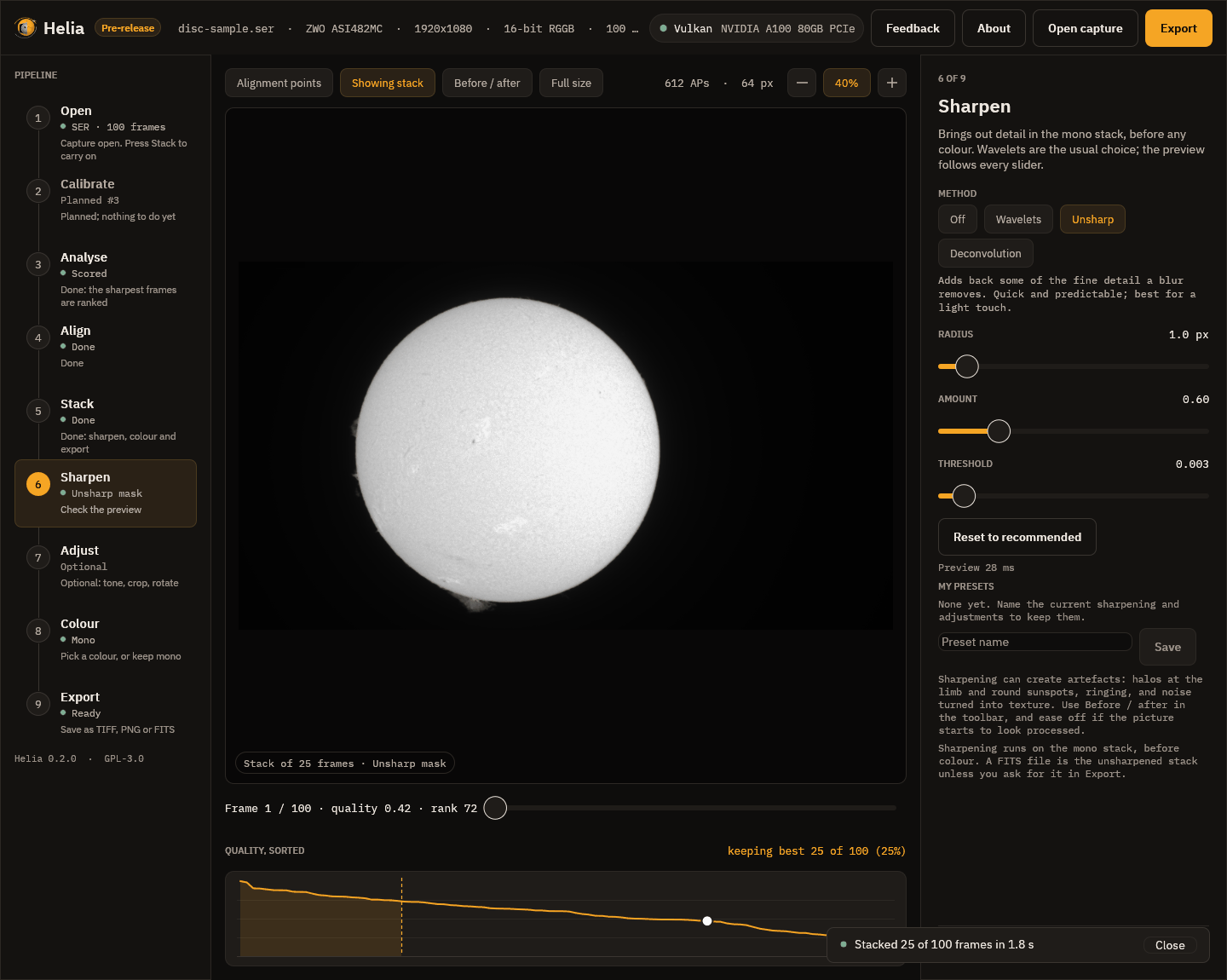 The Sharpen step with the unsharp mask: radius, amount and threshold