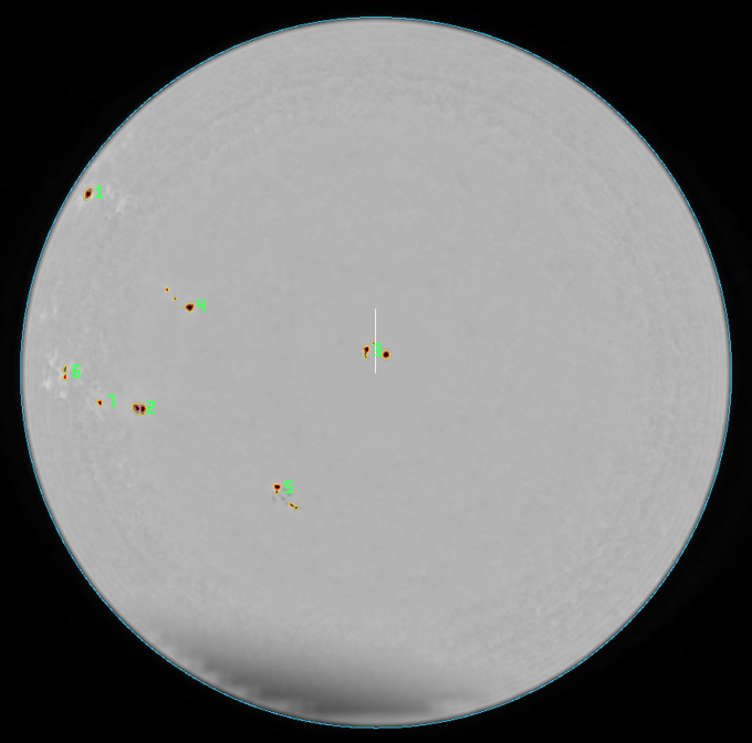The overlay: penumbra in yellow, umbra in red, group numbers in green, the limb in cyan, an arrow to solar north