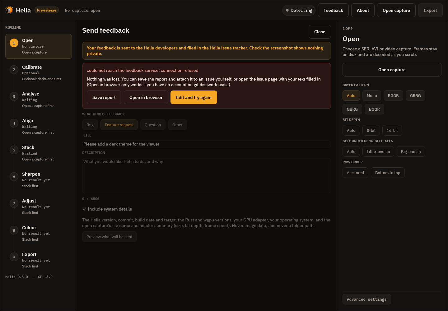The feedback page after a failure, with Save report, Open in browser and Edit and try again