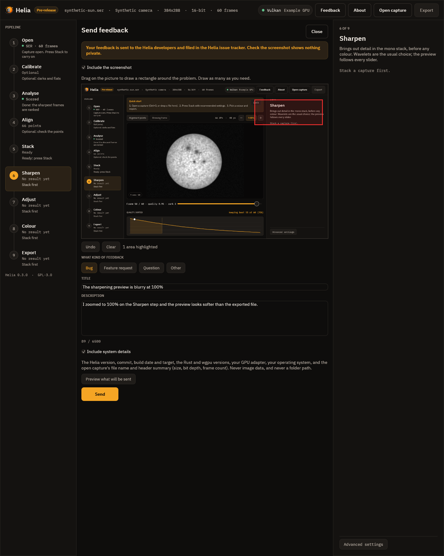 The feedback page: the screenshot with a rectangle round the problem, the kind of feedback, a title and description, and the checkboxes